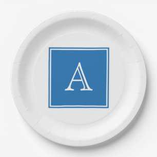 Plato De Papel Placas de papel monograma cuadradas azules