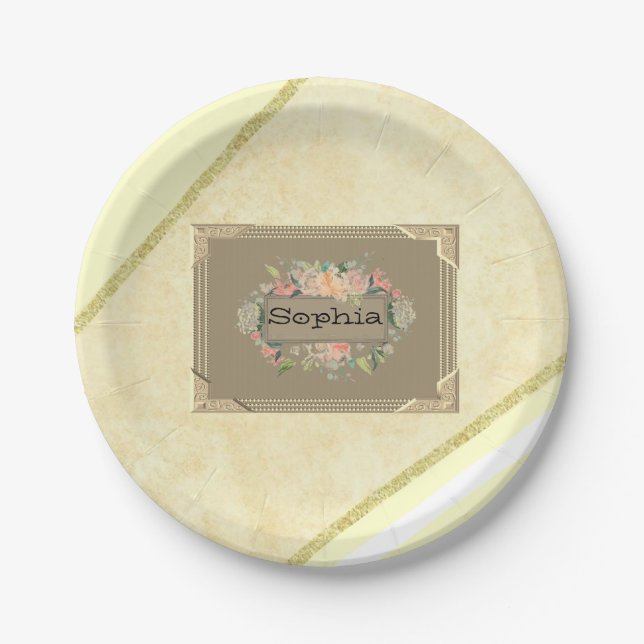 Plato De Papel Placas de papel, Monograma floral de banda de oro  (Anverso)