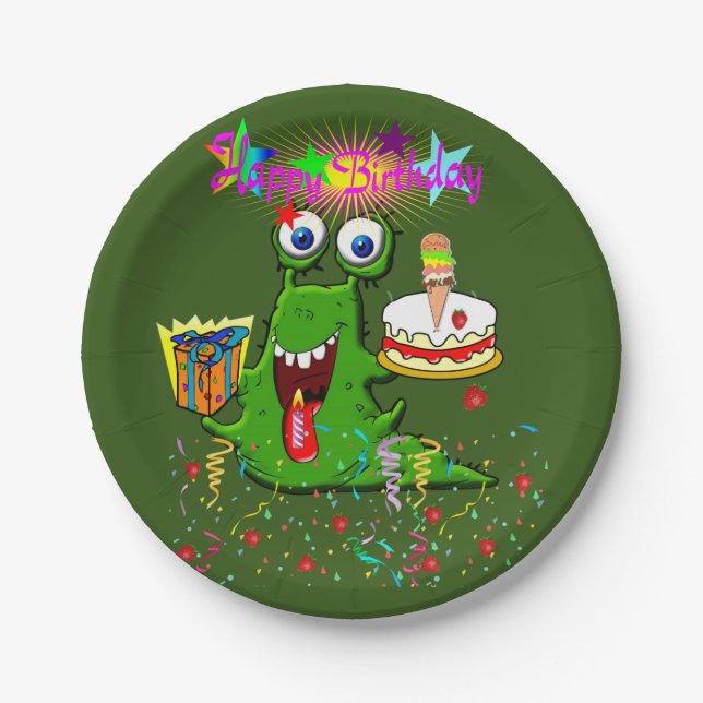 Plato De Papel Placas de papel, monstruo del cumpleaños feliz (Anverso)