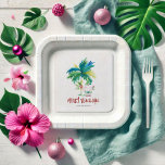 Plato De Papel Placas de papel navidad playa tropical<br><div class="desc">Pon el escenario para tu fiesta de Navidad con estos platos de papel de Navidades festivos con un diseño tropical pintado a mano! En la playa hay un Santa María, bajo una encantadora palmera, con las palabras "Merry Beach-mas" en una juguetona tipografía con letras a mano. Estos platos personalizados y...</div>