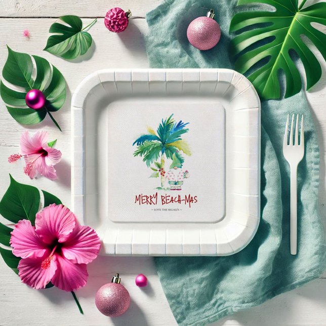 Plato De Papel Placas de papel navidad playa tropical (Tropical Christmas paper plates beach-mrs watercolor palm tree and Santa on the beach)