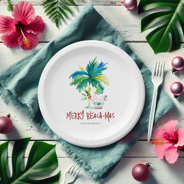 Plato De Papel Placas de papel navidad playa tropical (Tropical Christmas paper plates beach-mas watercolor art by Victoria Grigaliunas Do Tell A Belle)