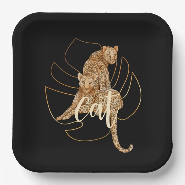 Plato De Papel Placas de papel negro leopardo (Anverso)