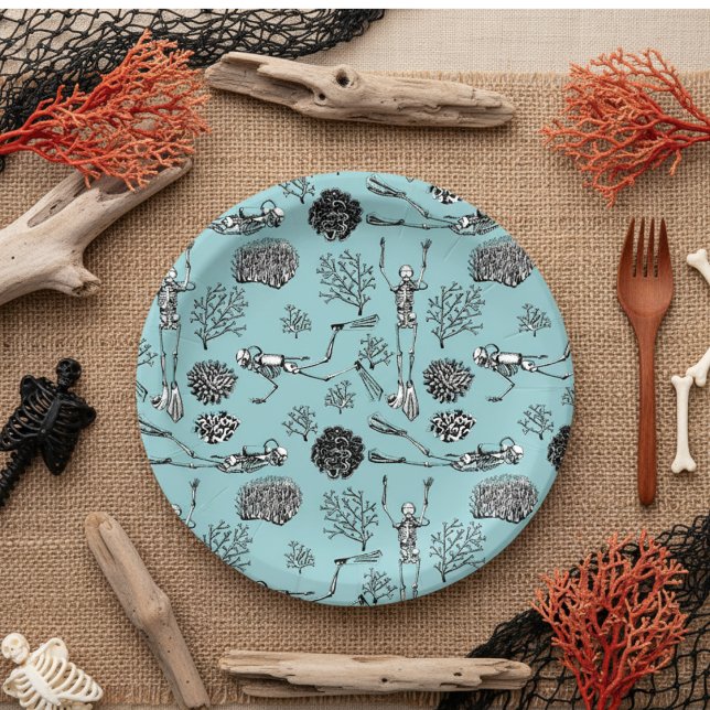 Plato De Papel Placas de papel para buceadores de Scuba Skeleton (Whimsical Skeleton Scuba Diver Paper Plates. Divers Swimming in Ocean Among Coral for Ocean Birthday)