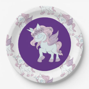 Plato De Papel Placas de papel Pastel Purple y White Unicornio