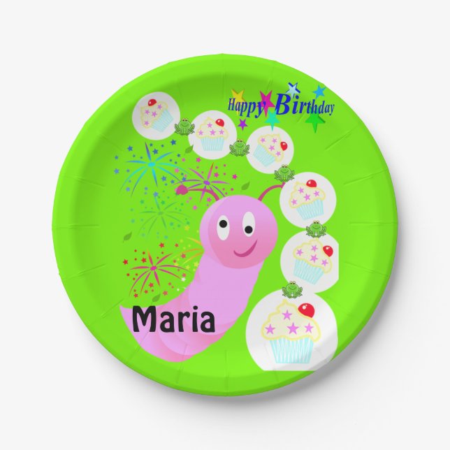 Plato De Papel Placas de papel, pasteles de gusano rosa de cumple (Anverso)