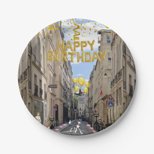 Plato De Papel Placas de papel, perro francés de cumpleaños feliz (Anverso)