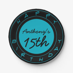 Plato De Papel Placas de papel personalizadas Blue 15th Birthday 
