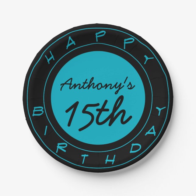 Plato De Papel Placas de papel personalizadas Blue 15th Birthday  (Anverso)