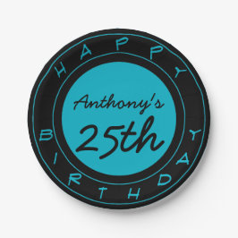 Plato De Papel Placas de papel personalizadas Blue 25th Birthday 