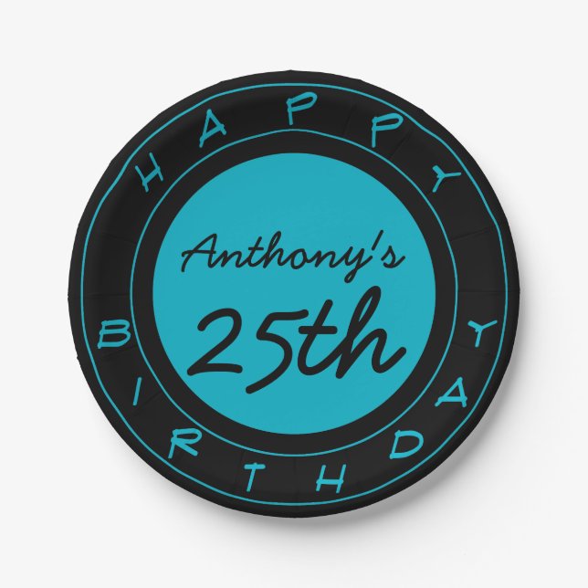Plato De Papel Placas de papel personalizadas Blue 25th Birthday  (Anverso)