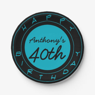 Plato De Papel Placas de papel personalizadas Blue 40th Birthday 