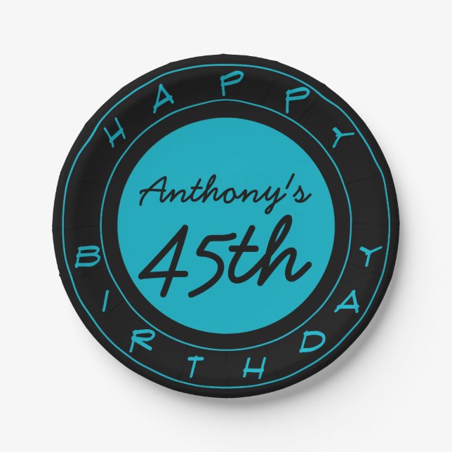 Plato De Papel Placas de papel personalizadas Blue 45th Birthday  (Anverso)