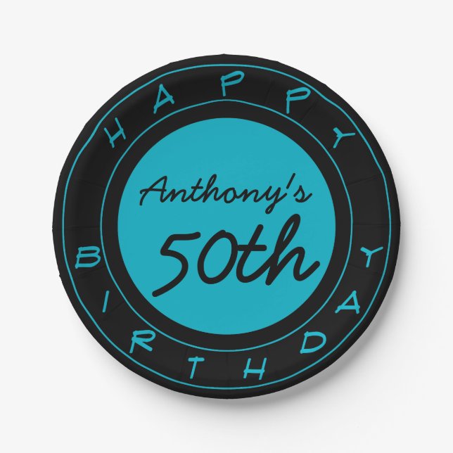 Plato De Papel Placas de papel personalizadas Blue 50th Birthday  (Anverso)