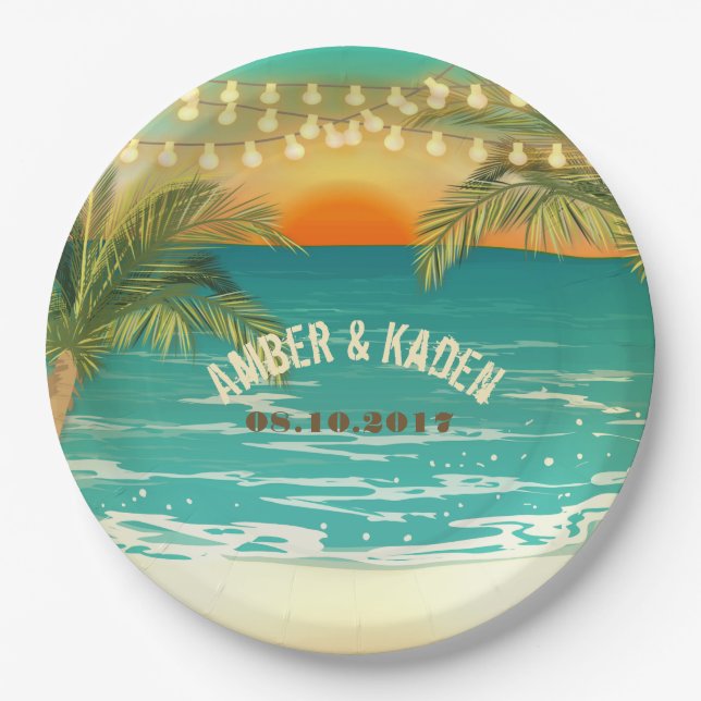 Plato De Papel Placas de papel Personalizado de Boda Sunset Beach (Anverso)