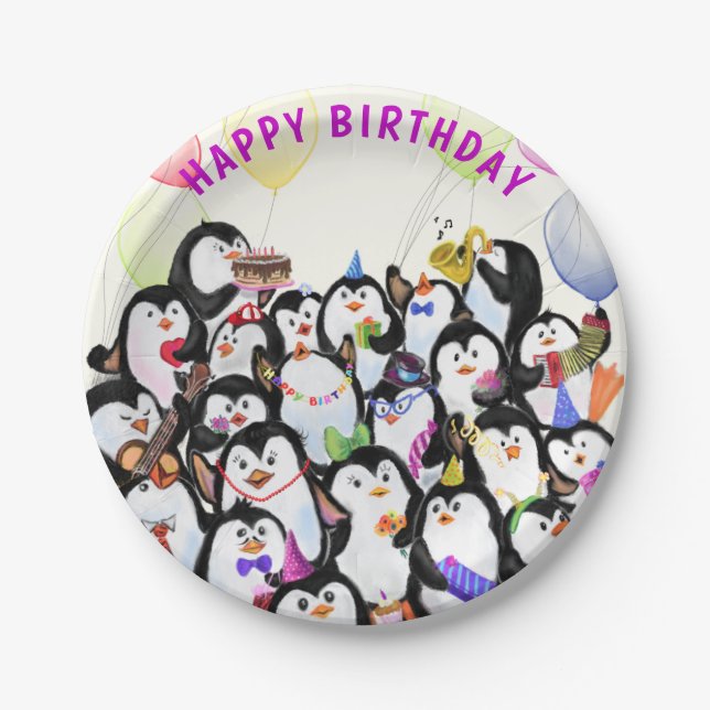 Plato De Papel Placas de papel pingüino feliz cumpleaños (Anverso)