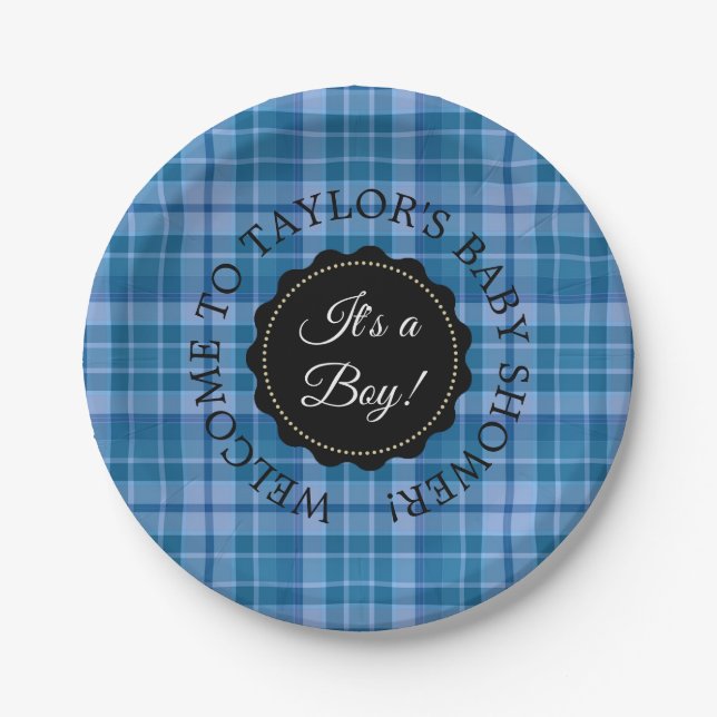 Plato De Papel Placas de papel planchado azul de Baby Shower pers (Anverso)