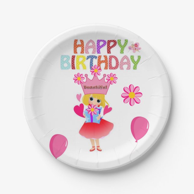 Plato De Papel Placas de papel, princesa rosa de cumpleaños feliz (Anverso)