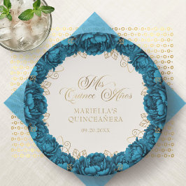 Plato De Papel Placas de papel Quinceanera floral verde azulada