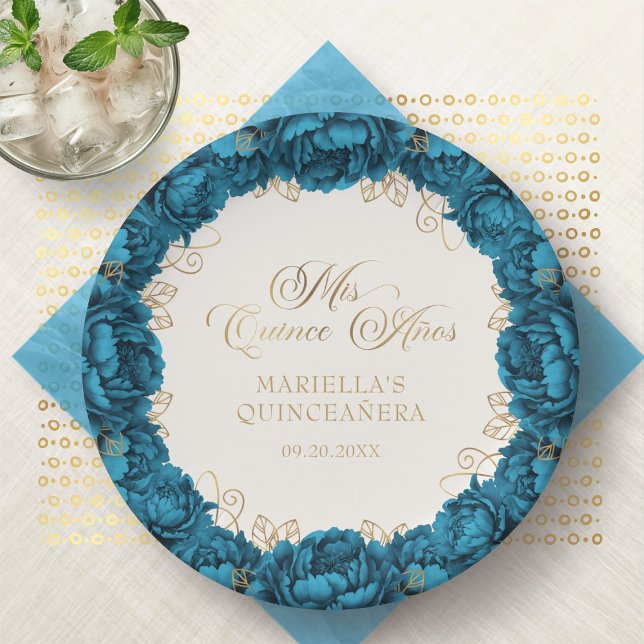 Plato De Papel Placas de papel Quinceanera floral verde azulada (Subido por el creador)