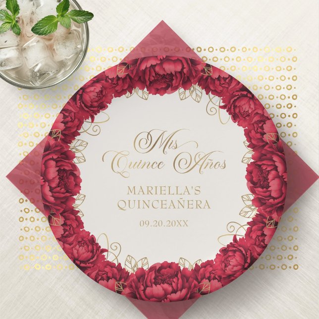 Plato De Papel Placas de papel Quinceanera floral y roja (Subido por el creador)