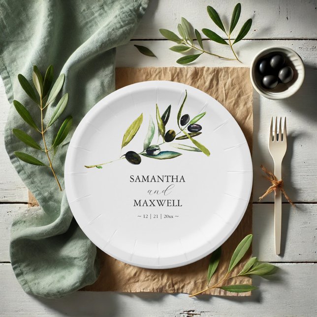 Plato De Papel Placas de papel Rama de Oliva Botánica Verde (Paper plates watercolor olive branch art by Victoria Grigaliunas Do Tell A Belle bride and groom)