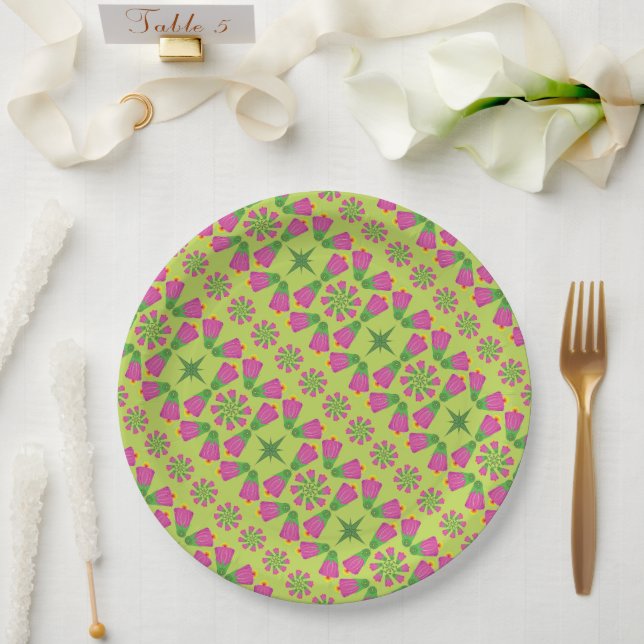 Plato De Papel Placas de papel Retro Bell Flower Mandalas Green 9 (Boda)
