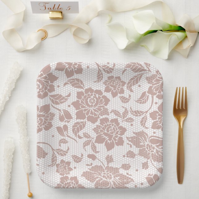Plato De Papel Placas de papel rosa boda de encaje (Boda)