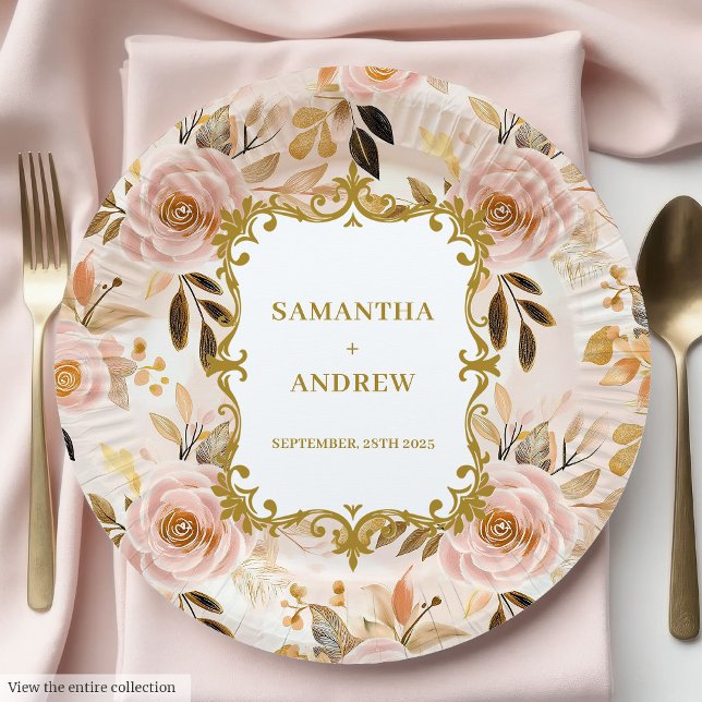 Plato De Papel Placas de papel Rubor Gold Boda de lujo (Luxe Blush Gold Wedding Paper Plates)