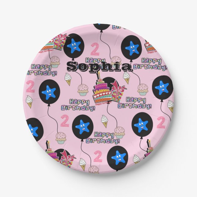 Plato De Papel Placas de papel, segundo cumpleaños feliz #2 globo (Anverso)