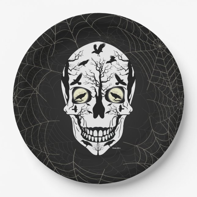 Plato De Papel Placas de papel Skull Halloween - Raven Skeleton (Anverso)