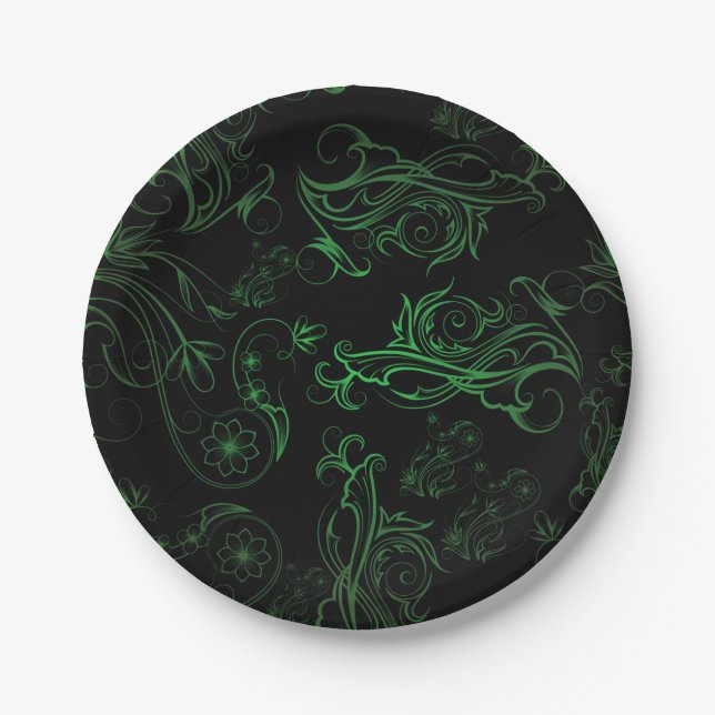 Plato De Papel Placas de papel verde floral (Anverso)