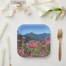 Placas de papel y tazones de flores rosadas del mo