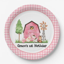 Placas de primer cumpleaños de la granja rosa