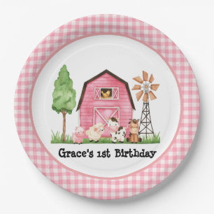 Plato De Papel Placas de primer cumpleaños de la granja rosa
