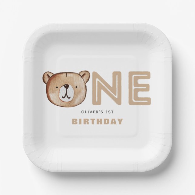 Plato De Papel Placas de primer cumpleaños del oso (Anverso)