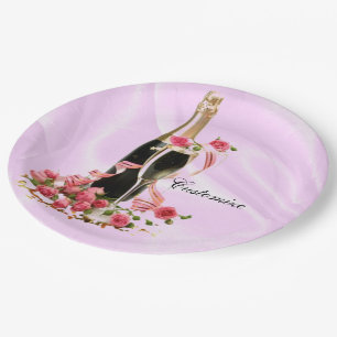 Plato De Papel Placas de satén rosadas para champán y Rosas