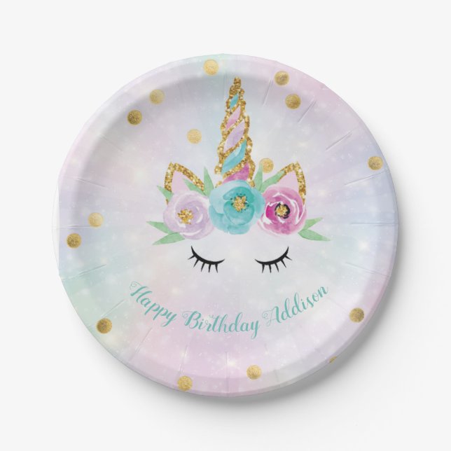 Plato De Papel Placas de unicornio pastel personalizadas (Anverso)