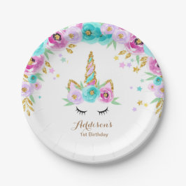 Plato De Papel Placas del unicornio con las flores para los