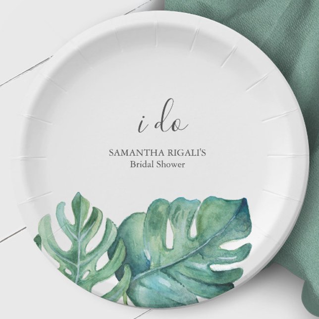 Plato De Papel Placas desechables de ducha de novia hojas de palm (bridal shower custom paper plates I do watercolor monstera palm leaf art by Victoria Grigaliunas )