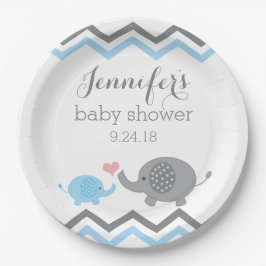 Plato De Papel Placas elefantes Baby Shower | Chevron gris azul