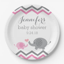 Plato De Papel Placas elefantes Baby Shower | Chevron gris rosado
