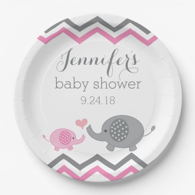 Plato De Papel Placas elefantes Baby Shower | Chevron gris rosado (Anverso)