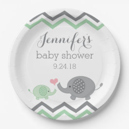 Plato De Papel Placas elefantes Baby Shower | Chevron gris verde