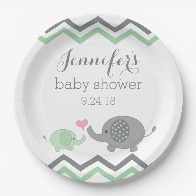 Plato De Papel Placas elefantes Baby Shower | Chevron gris verde (Anverso)