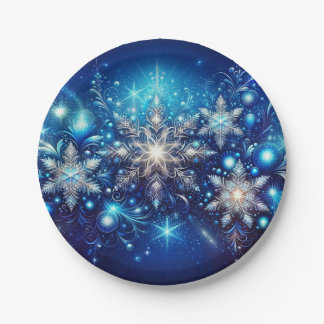 Plato De Papel Placas espumosas de papel azul con copo de nieve -