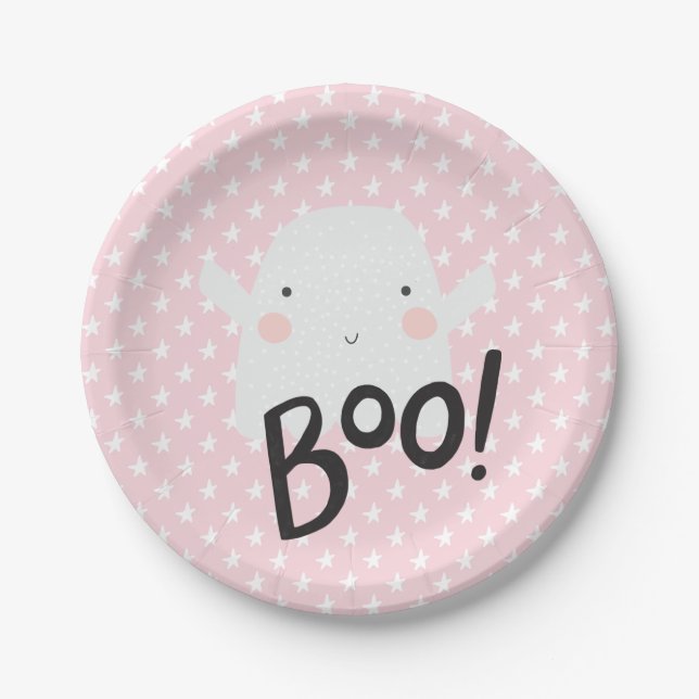 Plato De Papel Placas fantasma de Halloween en rosa (Anverso)