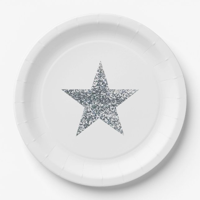 Plato De Papel Placas fiesta - Estrella Purpurina plateada (Anverso)