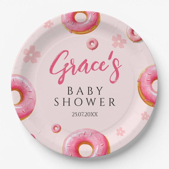 Plato De Papel Placas Fiestas Baby Shower de Donut rosa (Anverso)