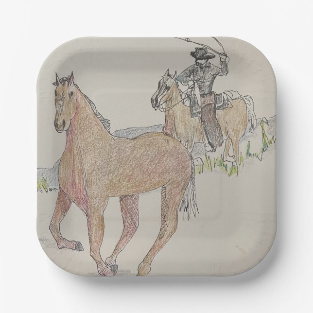 Plato De Papel Placas Fiestas cuadradas de Cowboy (Anverso)